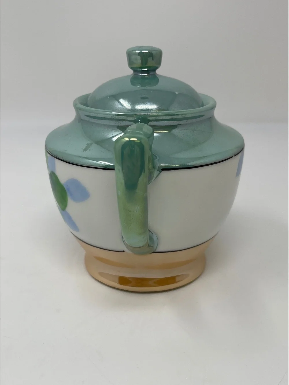 Vintage Lusterware Covered Sugar Bowl Hand Painted Floral Green Maple Ware Japan